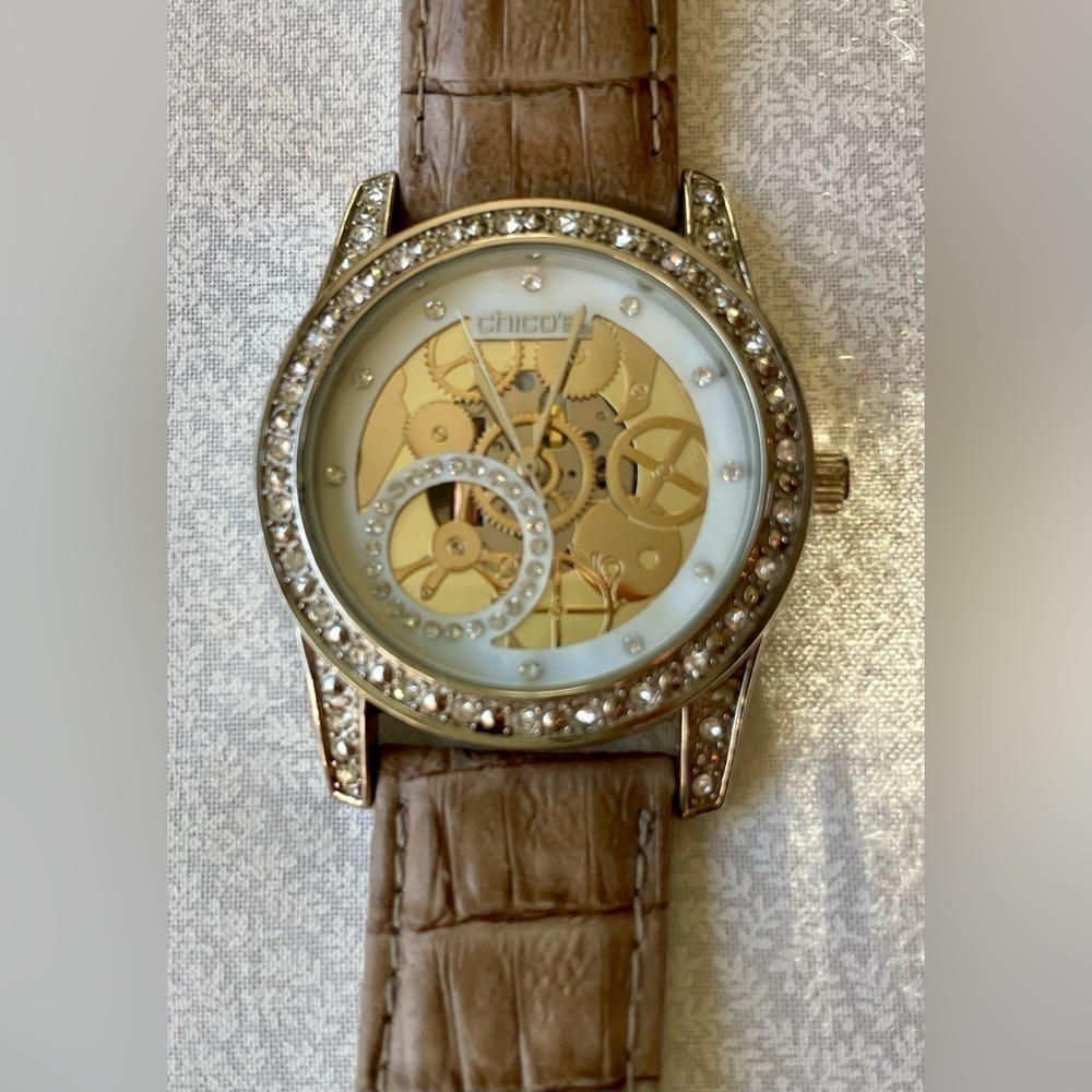 Chico's Running Tan Leather Strap Watch with Rhinestones Silver White Gold 9" - Picture 2 of 9